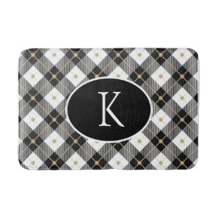 Tapete De Banheiro Xadrez Preto Branco Dourado Monogramado Personaliz