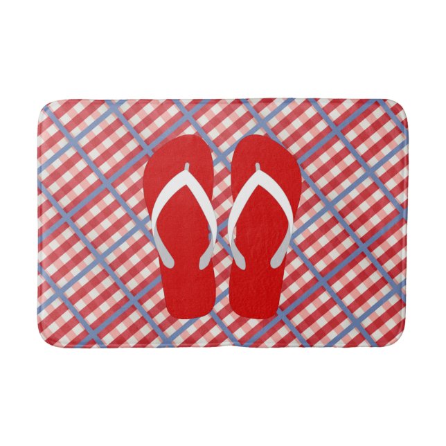 Tapete De Banheiro Xadrez vermelha, branca e azul com chinelos (Frente)