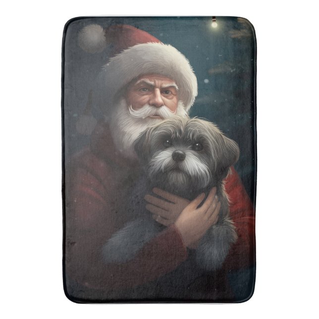 Tapete De Banheiro Yorkipoo com Papai Noel Natal Festivo (Frente Vertical)