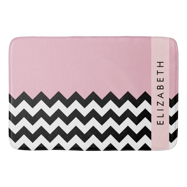 Tapete De Banheiro Zigzag preto-e-branco, Chevron, rosa, seu nome (Frente)