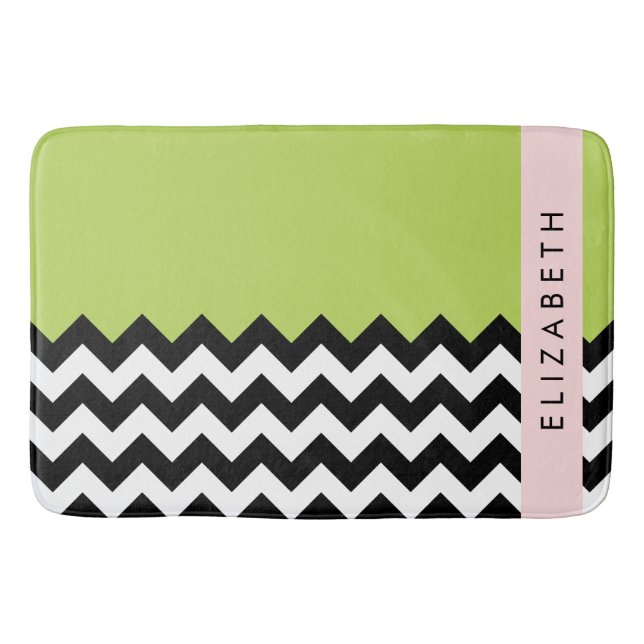 Tapete De Banheiro Zigzag preto-e-branco, Chevron, verde, seu nome (Frente)