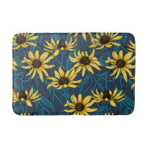 Tapete De Banheiro Zinnias Amarelas em azul escuro