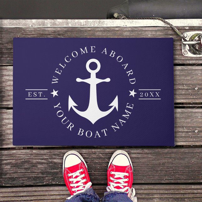 Tapete de Boas-Vindas com Nome de Barco Personaliz (Nautical Anchor Custom Boat Name Welcome Aboard Doormat)