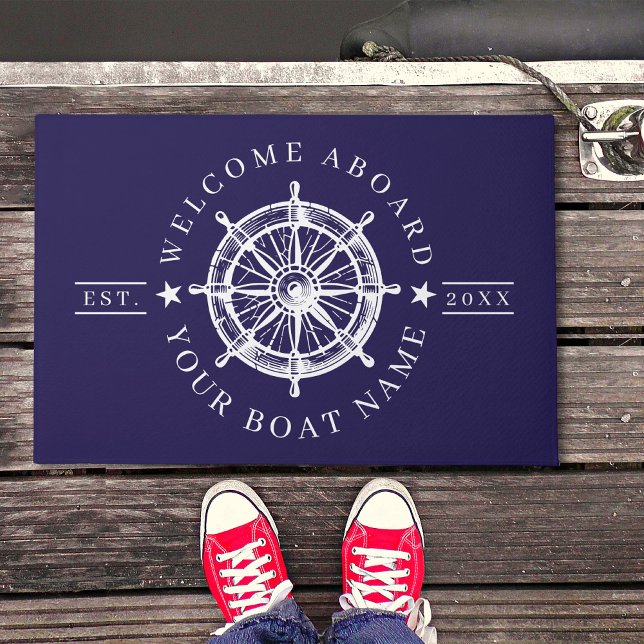 Tapete de Boas-Vindas com Roda de Navio Náutica (Nautical Ship Wheel Boat Name Welcome Doormat)