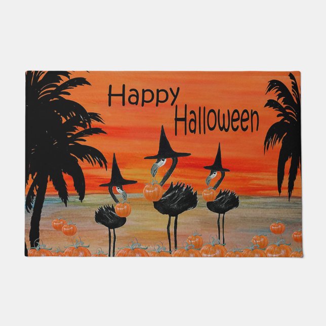 Tapete de bruxa de flamingo de Halloween. (Frente)