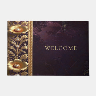 Tapete de Entrada Adorno Floral Dourado