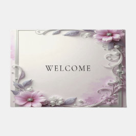 Tapete de Entrada com Moldura Floral Rosa