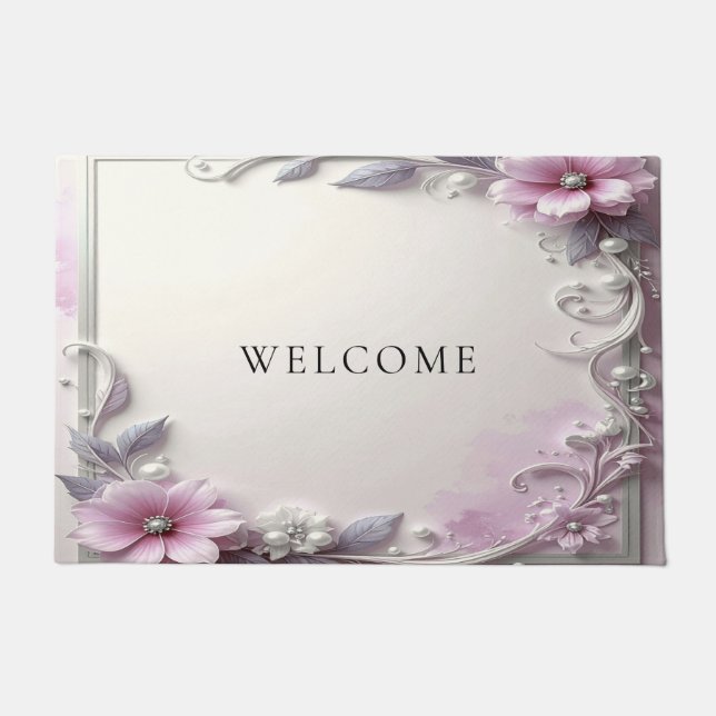 Tapete de Entrada com Moldura Floral Rosa (Frente)