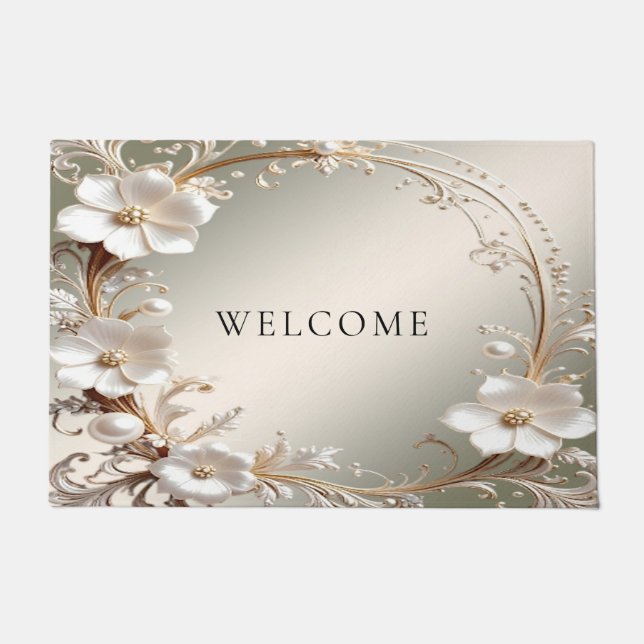 Tapete de Entrada Floral Branco Ornamentado (Frente)