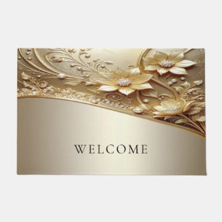 Tapete de Entrada Floral Dourado Ornamental Modern