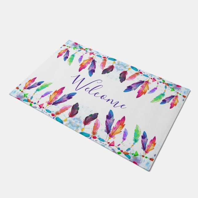 Tapete de entrada personalizado com penas boho (Inclinado)