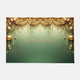 Tapete de Natal Verde Festivo com Enfeites Dourado
