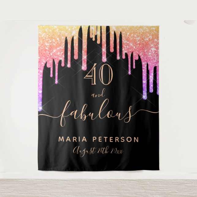 Tapete De Parede 40 fabulosos anos, preto, rosa e dourado gotejando (Frente)