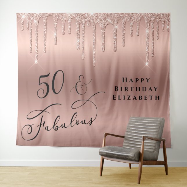Tapete De Parede 50 Aniversário Glamuroso com Glitter Rosa Dourado (In Situ (Horizontal))