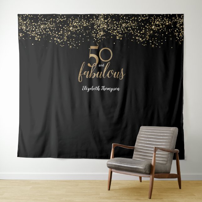Tapete De Parede 50 & Fabuloso Aniversário preto dourado Personaliz (In Situ (Horizontal))