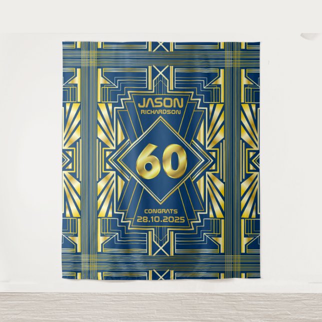 Tapete De Parede 60º aniversário Art Deco Dourado Excelente Azul Ga (Frente)