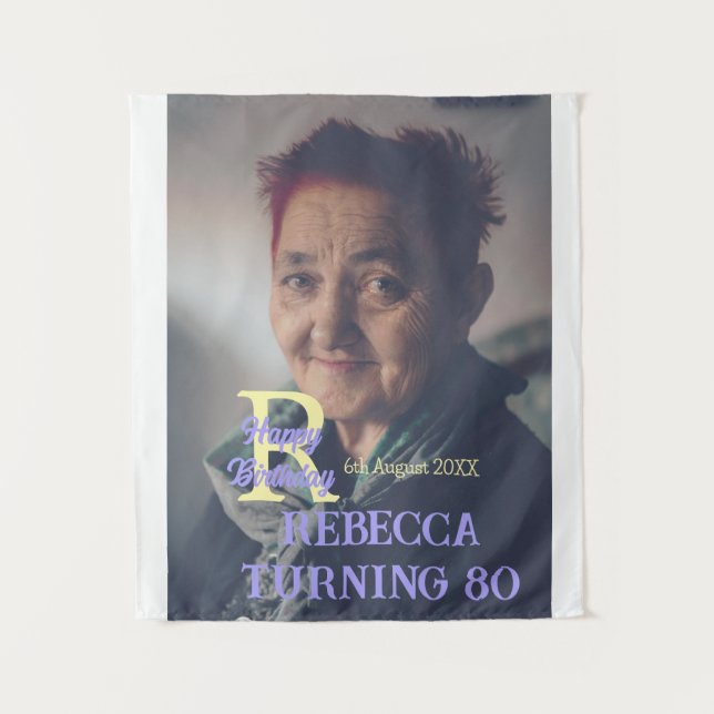 Tapete De Parede 80 de aniversário da foto adicione nome data roxo  (Frente)