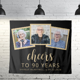 Tapete De Parede 90 Birthday 3-Photo Black Dourado Script Cheers