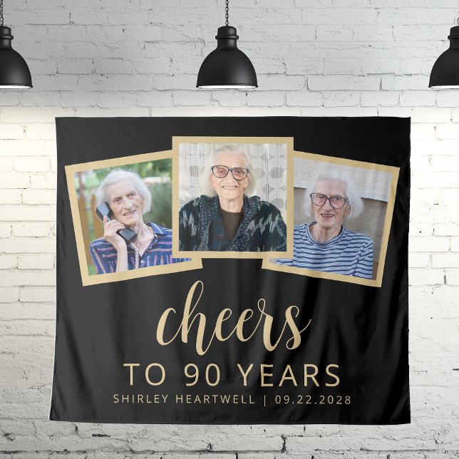 Tapete De Parede 90 Birthday 3-Photo Black Dourado Script Cheers (Criador carregado)