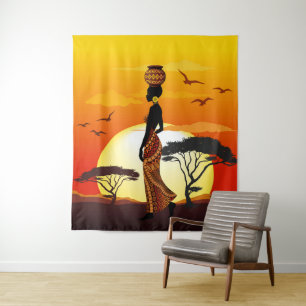 Tapete De Parede A linda mulher africana Silhouette sobre os sóis a