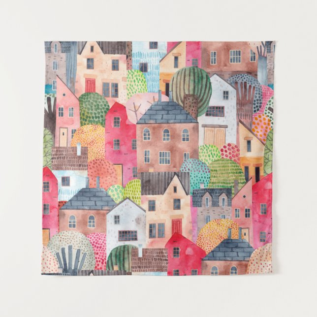 Tapete De Parede Abstract seamless pattern with houses. Watercolor  (Frente)