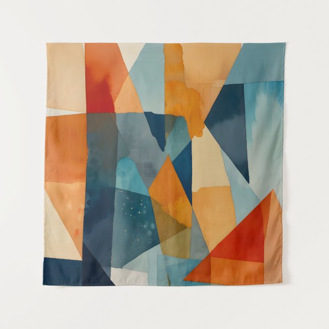Tapete De Parede Abstrato Ângulos de Azul e Laranja (Frente)