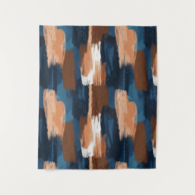 Tapete De Parede Abstrato Brushstrokes em Azul, Branco e Marrom (Frente)