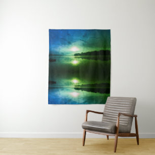 Tapete De Parede Abstrato do nascer do Sol da Manhã Verde Azul no C