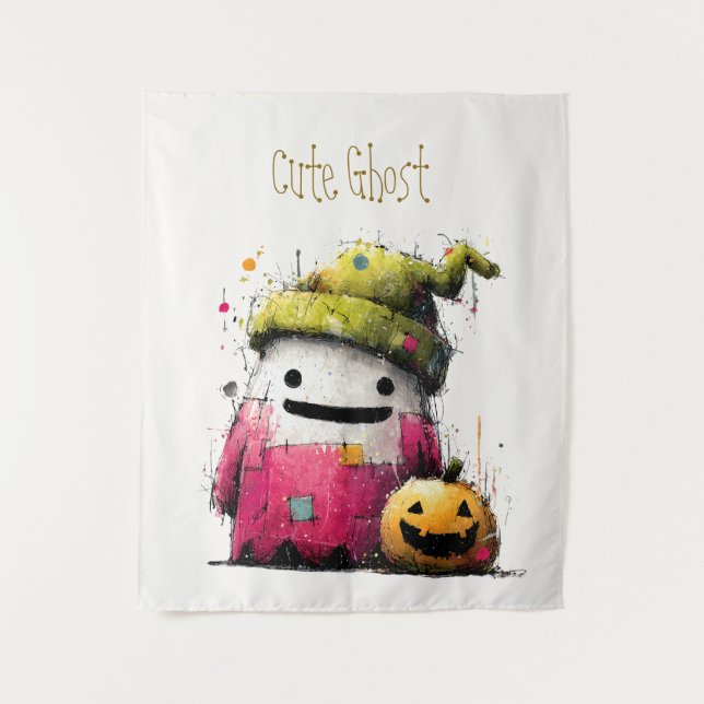 Tapete De Parede Adorável Fantasma de Patchwork em Aquarela no Hall (Frente)