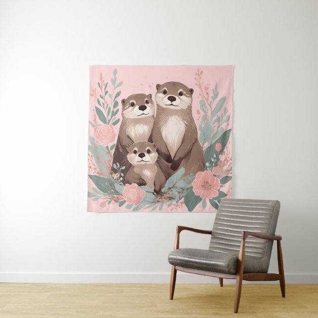 Tapete De Parede Adorável Otter Boho Rosa Rosa Rosa Pai e Bebê (In Situ)