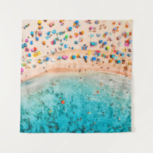 Tapete De Parede Aerial view of sandy beach with colorful umbrellas
