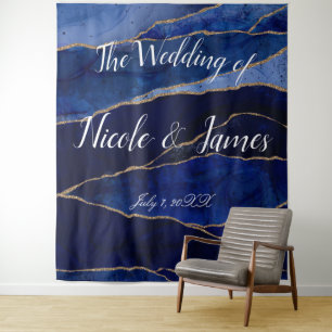 Tapete De Parede Ágata Azul e Dourada Tapa de Casamento Moderno Gla