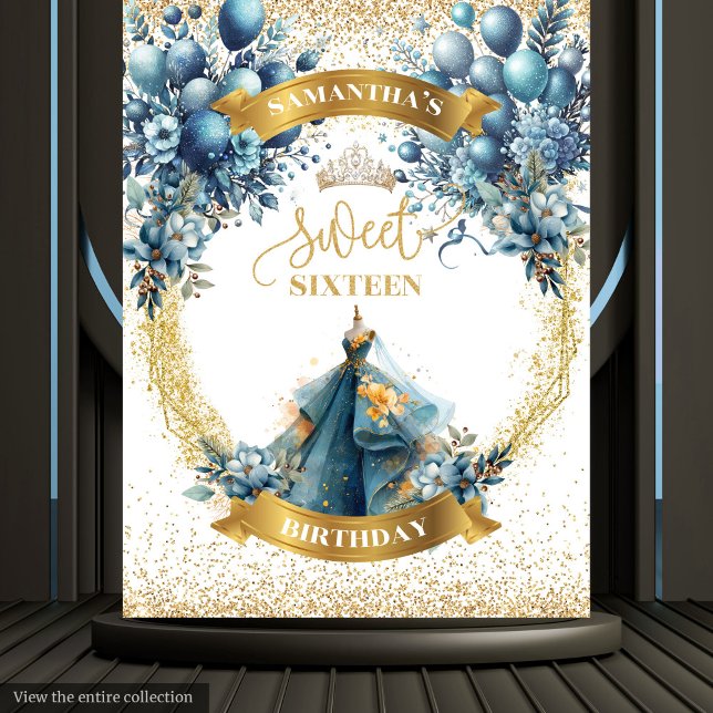 Tapete De Parede Água Doce 16 Azul Dourado Fundo da Largura (Watercolor Sweet Sixteen Blue Gold Glitter Backdrop)