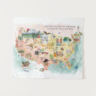 Tapete De Parede América   Mapa dos EUA Ilustrado em Aquarela