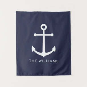 Tapete De Parede Âncora branca náutica e nome personalizado em azul