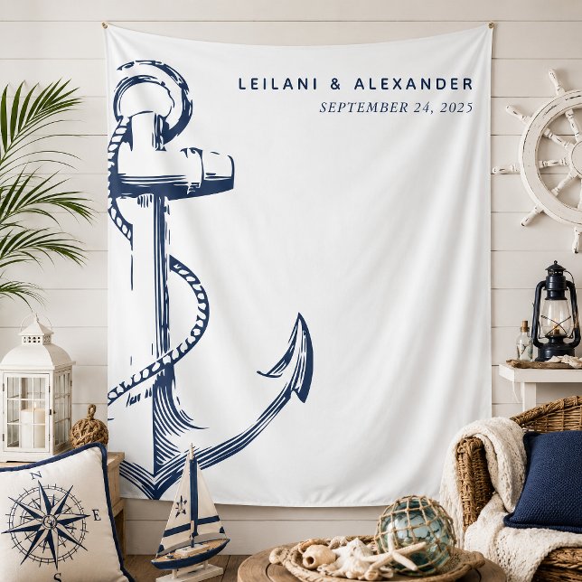 Tapete De Parede Âncora Náutica Casamento Branco (Nautical anchor wedding backdrop that is modern and simple for a classic beach reception.)