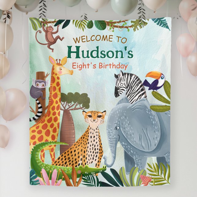 Tapete De Parede Animais da savana selva aniversário aquarela crian (Criador carregado)