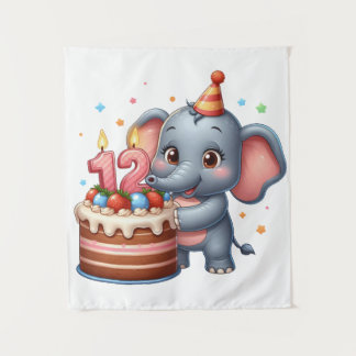 Tapete De Parede Aniversário de 12 anos de Elefante Fofo