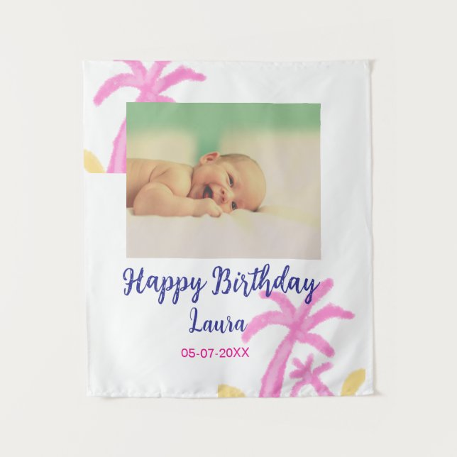 Tapete De Parede Aniversário de 1 ano do bebê com nome data e foto (Frente)