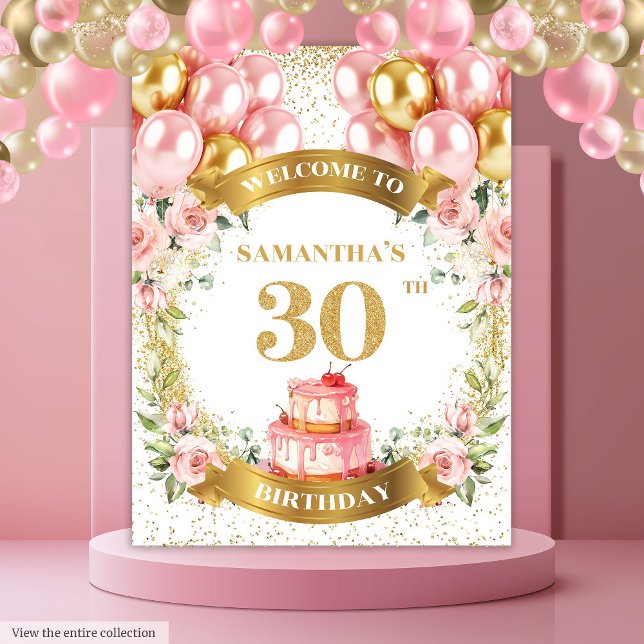 Tapete De Parede Aniversário de 30 anos Doce Rosa Dourado Faixa de  (Sweet 30th Birthday Blush Gold Birthday Banner)