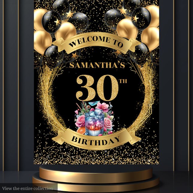 Tapete De Parede Aniversário de 30 anos preto-preto-branco sofistic (Sophisticated 30th Birthday Black Gold Whiskey Tapestry)