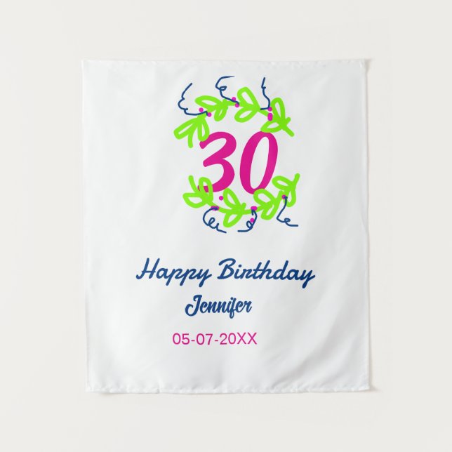 Tapete De Parede aniversário de 30 anos verde azul wreath name date (Frente)