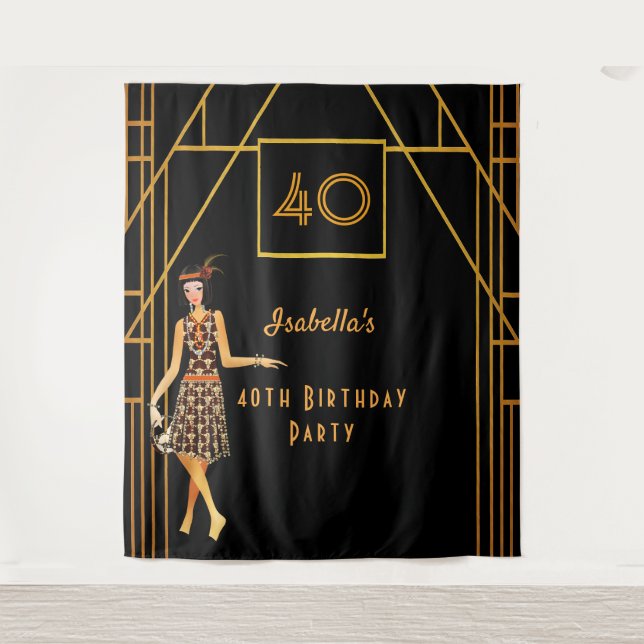 Tapete De Parede Aniversário de 40 anos preto dourado art déco dos  (Frente)
