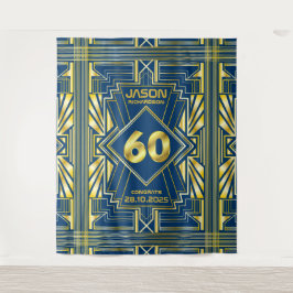 Tapete De Parede Aniversário de 60 anos Art Deco Dourado Azul Grand