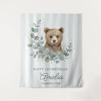Tapete De Parede Aniversário do Urso Marrom Fofo em Aquarela