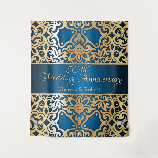 Tapete De Parede Aniversário Embelezado em Dourado e Azul com Joias (Frente)