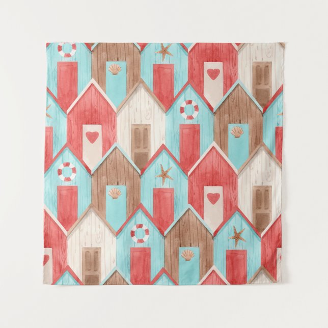 Tapete De Parede Aquarela da casa de praia: padrão retrô. (Frente)