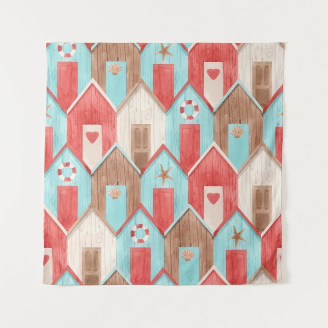 Tapete De Parede Aquarela da casa de praia: padrão retrô. (Frente)