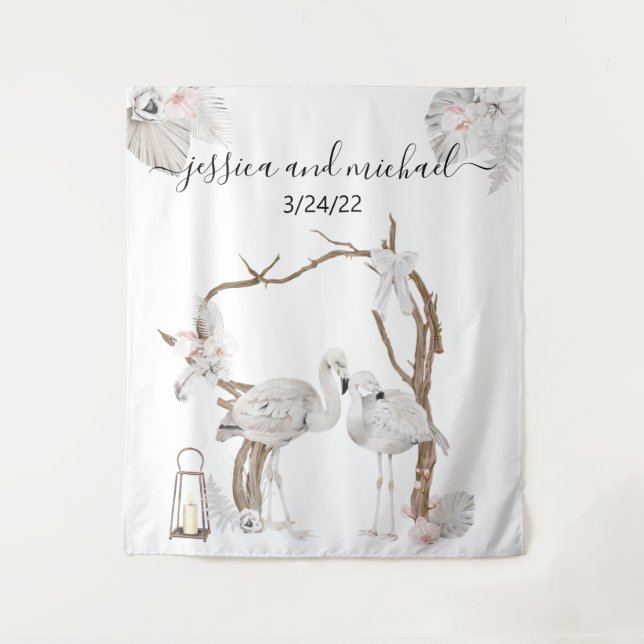 Tapete De Parede Aquarela Flamingo Tropical Boho Floral Branco (Frente)