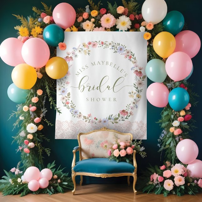 Tapete De Parede Aquarela Flores Silvestres e Renda Chá de Noiva (Watercolor Wildflowers & Lace Bridal Shower Tapestry)